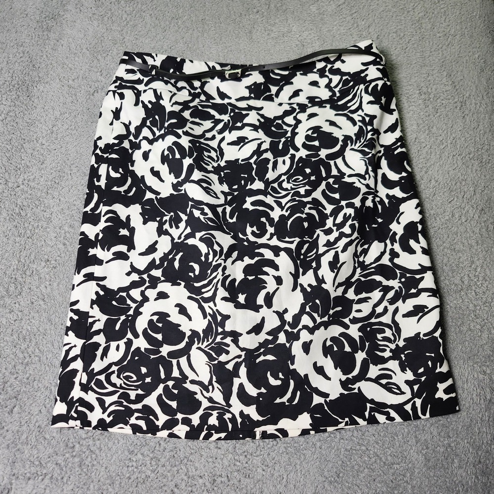 Liz Claiborne Womens 14 Pencil Skirt Black White Floral Rose Belted Knee Length